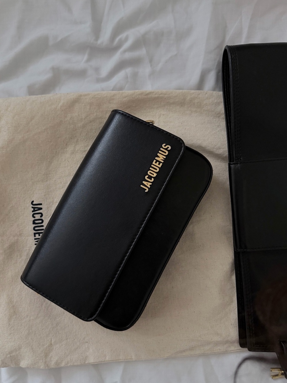 Jacquemus Black Leather Long Wallet with Gold Logo Plate